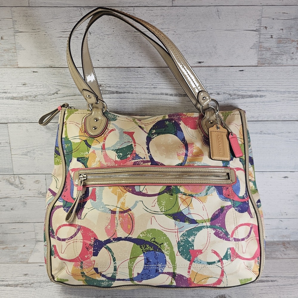 Coach Poppy Tote Bag Multicolor Signature C Hallie East West Colorful Rainbow